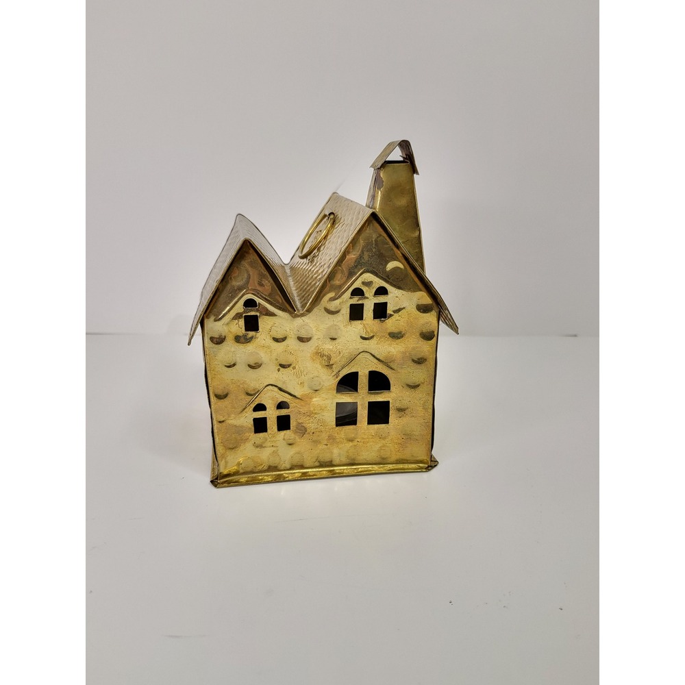 Vintage Brass Metal House Tea Light Candle Holder Gold Decorative Lantern 6.5in